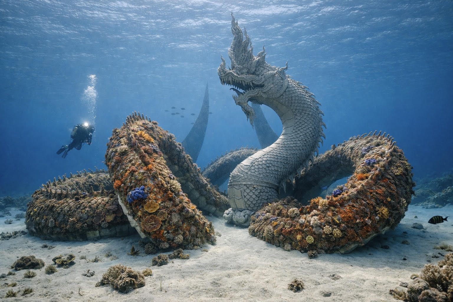 A diver swimming past a coral-covered sculpture on the sea floor