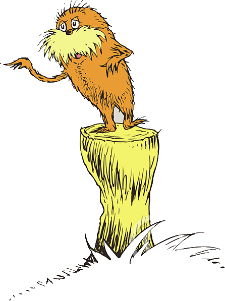 The Lorax standing on a tree stump